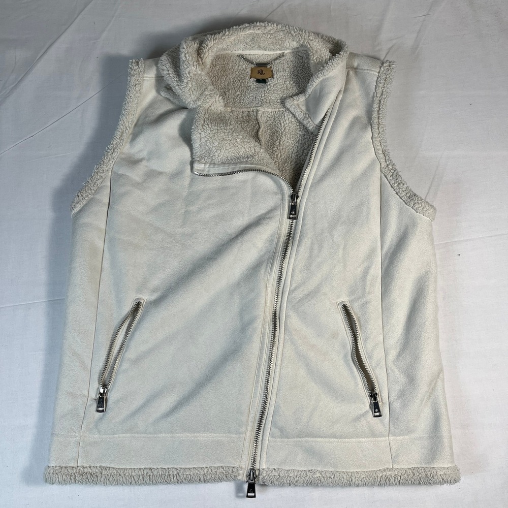 Lauren Ralph Lauren Vest Women M Cream Excellent Faux Suede Shearling Moto Zip
